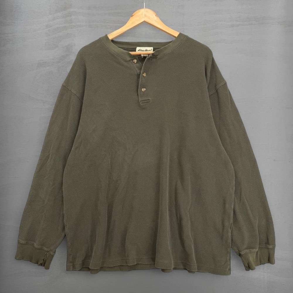 Eddie Bauer Henley Shirt Olive Green Waffle Knit Distressed Thermal Faded XL